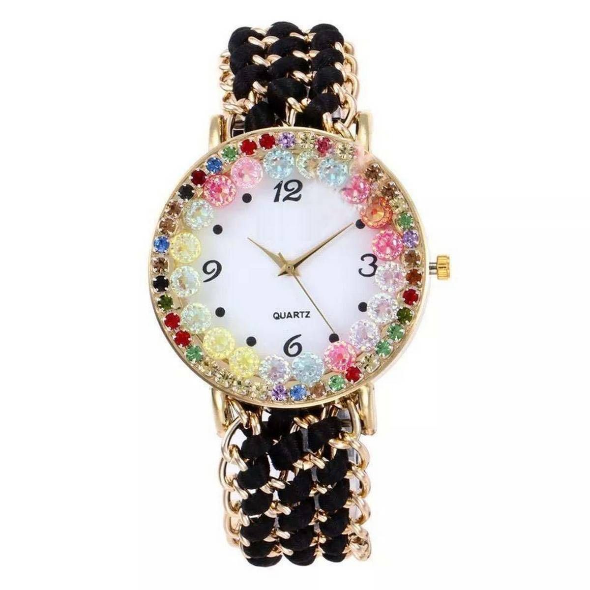 FB Knit Rope With Winding Rhinestone Dial Bracelet Watch For Girls Black