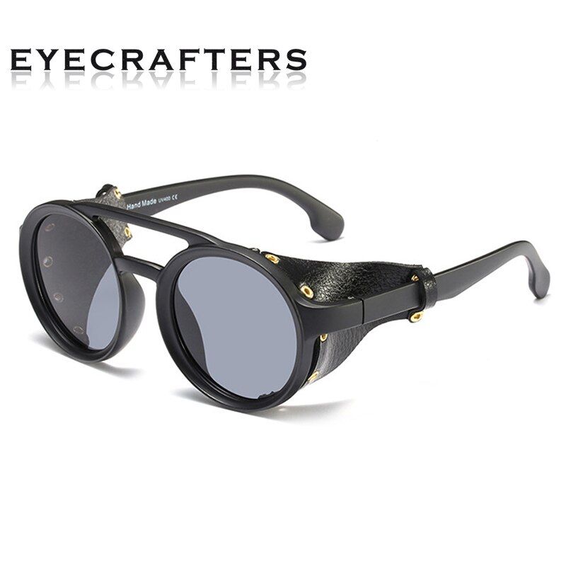 Bright Black2021 fashion Men Steampunk Gothic Goggles Sunglasses Women Retro Fashion Leather With Side Shades Round Sun glasses