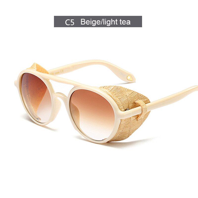 AMS707C5AIMISUV Vintage Round Sunglasses For Men Steampunk 2021 Retro Leather Side Shield Male Sun Glasses UV400 oculos feminino