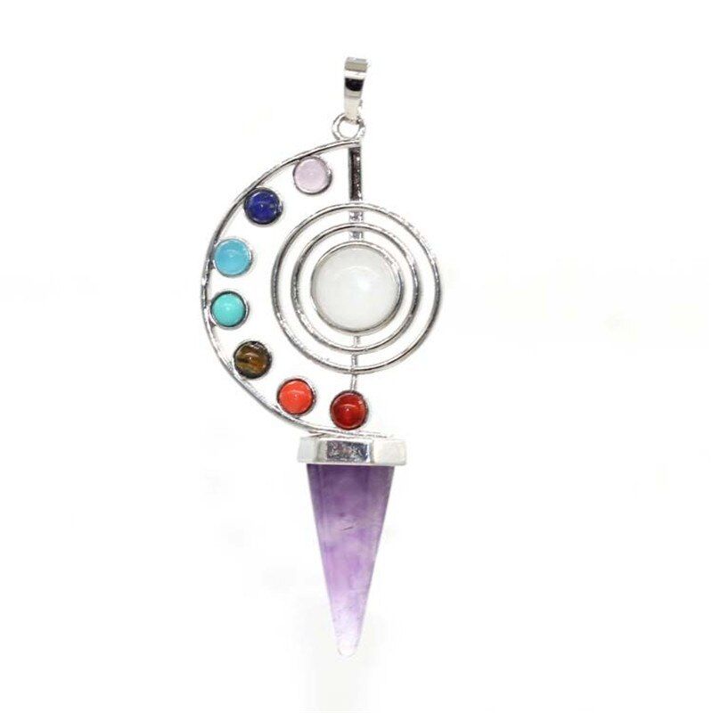 Reiki Healing Pendulums 7 Chakra Cone Natural Stones Pendant Amulet Crystal Meditation Hexagonal Pendulum for Men Women Necklace