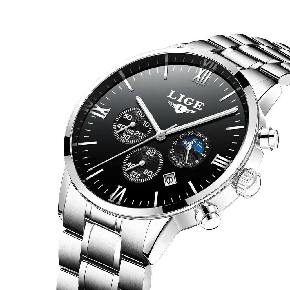 LIGE 9845 Men Fashion Waterproof Chronograp Army Military Full Steel Sports Watch