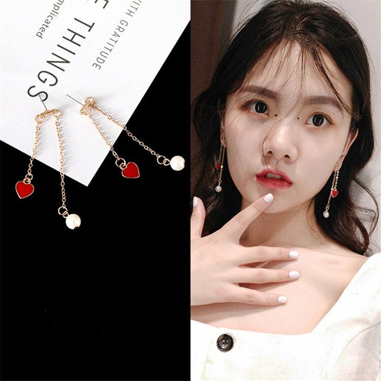 2018 New Red love heart-shaped Drop earrings Korea asymmetric earrings for women Girl Party Jewelry Gift oorbellen brinco