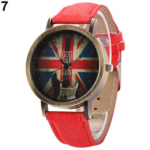 Unisex Vintage Bronze Denim Band UK Flag Guitar Print Analog Quartz Wrist Watch