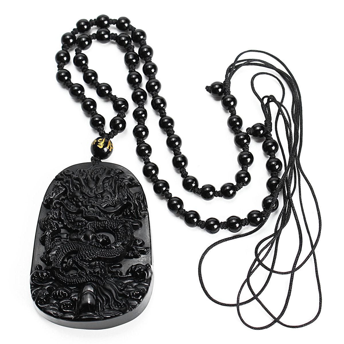 Natural Obsidian Fashion Accessories Dragon Pendant Necklace Men Lucky Jewelry -