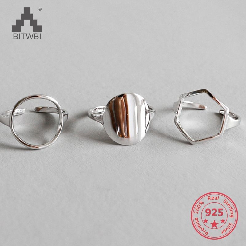BITWBI Minimalist 925 Sterling Silver Geometric Round Hexagon Ring for Women Wedding Opening Adjustable Rings Fine Jewelry Gift