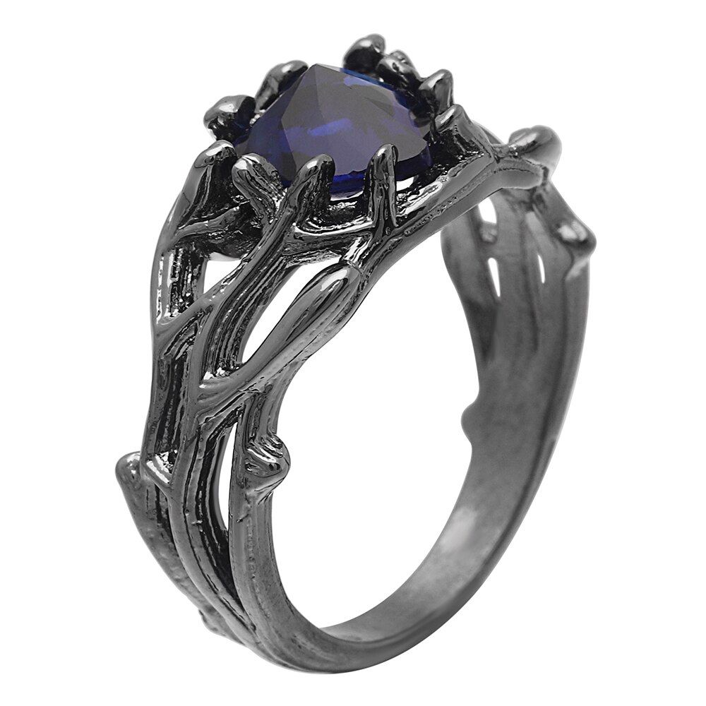 Romantic Dark Blue Cubic Zirconia Ring Luxury Fashion Wedding Engagement Black Gold Color Branch Cross Shaped Jewelry For Women