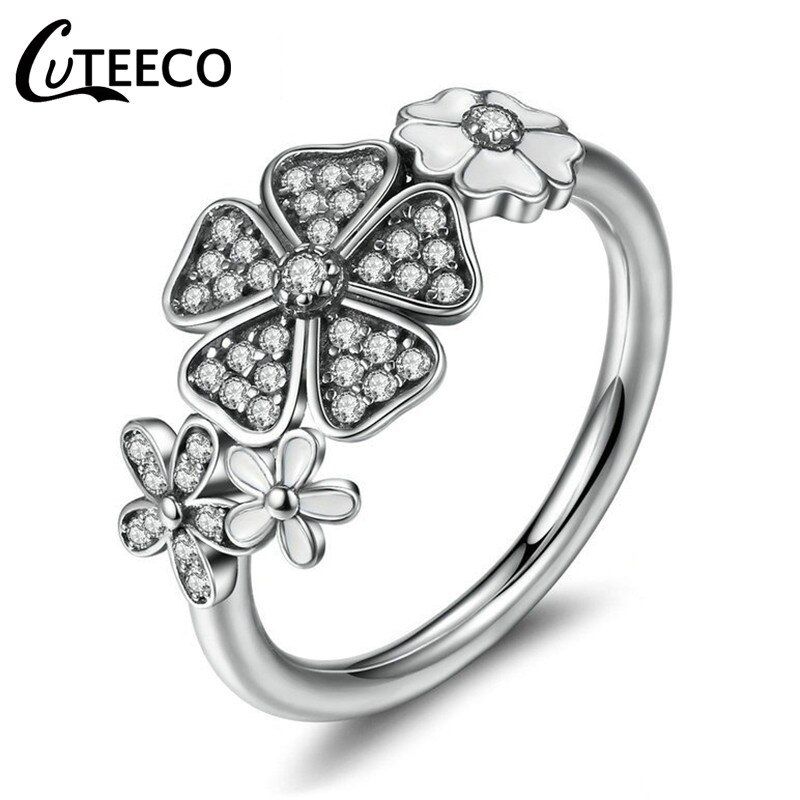 CUTEECO Dazzling Daisy Meadow Engagement Rings Silver Color Clear CZ Flowers Brand Rings For Women Wedding Party Jewelry