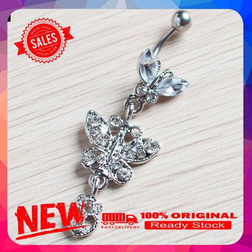 Fashion Rhinestone Butterfly Dangle Belly Navel Curved Button Barbell Ring