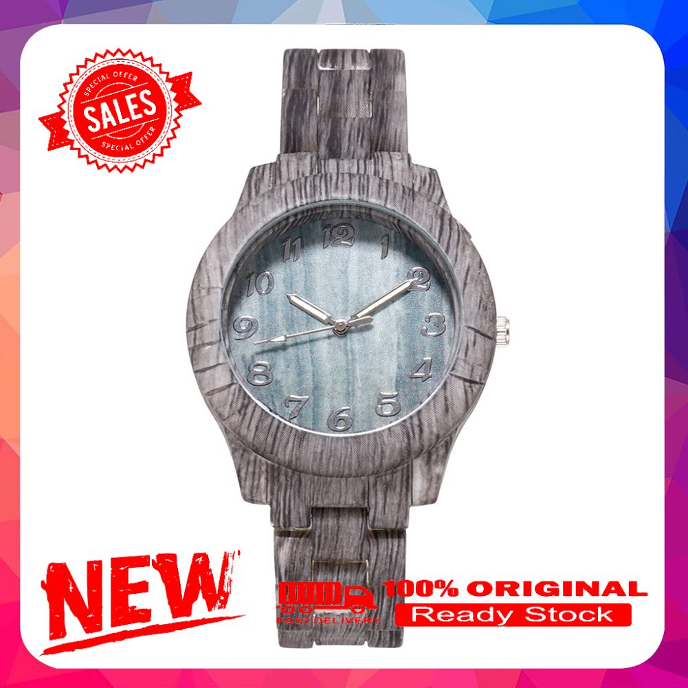 Women Wooden Grain Round Dial Arabic Number Resin Band Analog Quartz Wrist Watch