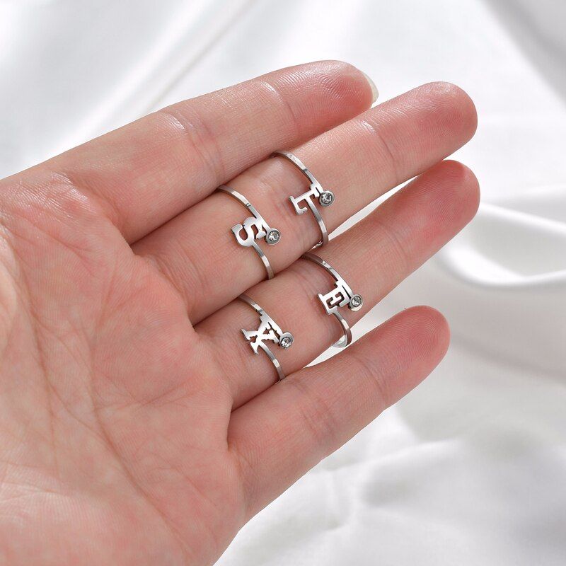 Trendy Stainless Steel Letter Rings For Women Wedding Engagement Intial Jewelry Accessories Copper Adjustable Finger Ring