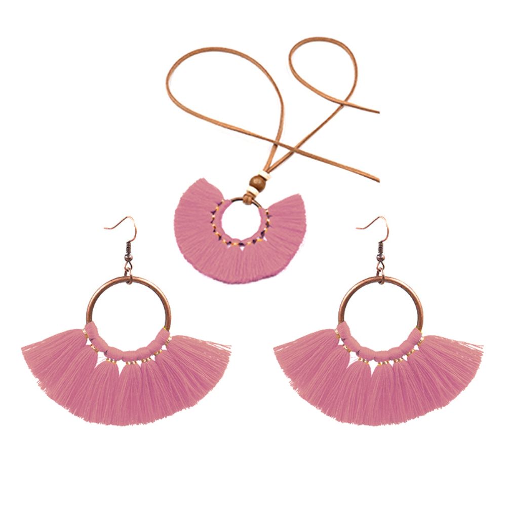 Women Round Pendant Fringe Tassel Rope Necklace Earrings Jewelry Set