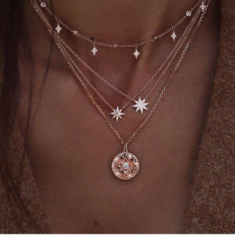 Boho Vintage Multi Layered Crystal Turkish Eye Star Necklace Fashion Gold Color Pendant Necklace Choker for Women