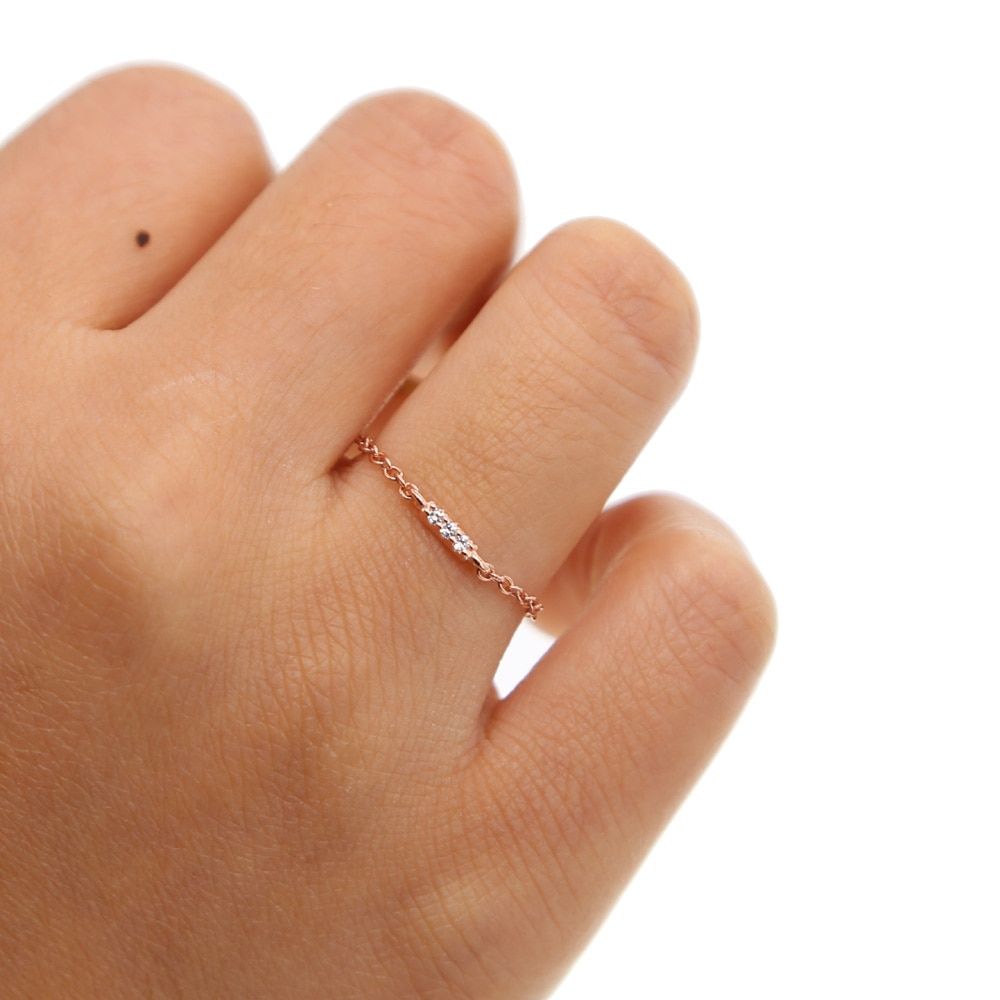 3MM bezel round cz 5mm three cz bar charm simple chain band 925 sterling silver ring size 6 7 8