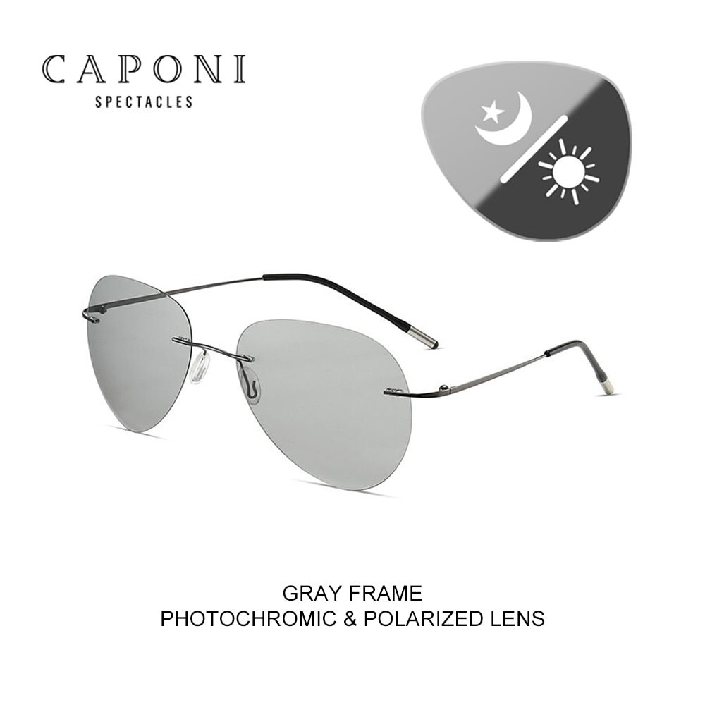 CAPONI Rimless Avation Sun Glasses For Men Discoloration Driving Fishing Polarized Sunglasses Light Weight Shades Male BS7466-Photochromic lens-Gray