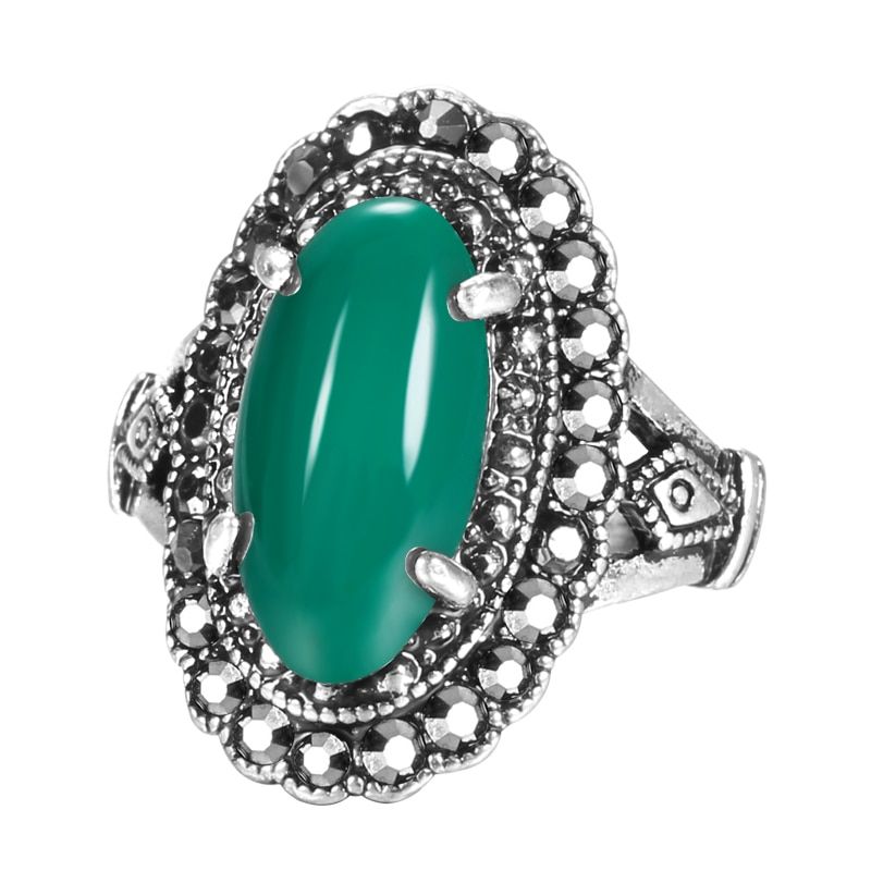 Kinel Hot 2020 Fashion Gorgeous Tibetan Silver Ring Vintage Wedding Jewelry Punk Green Resin Stone Rings For Women Drop Shipping