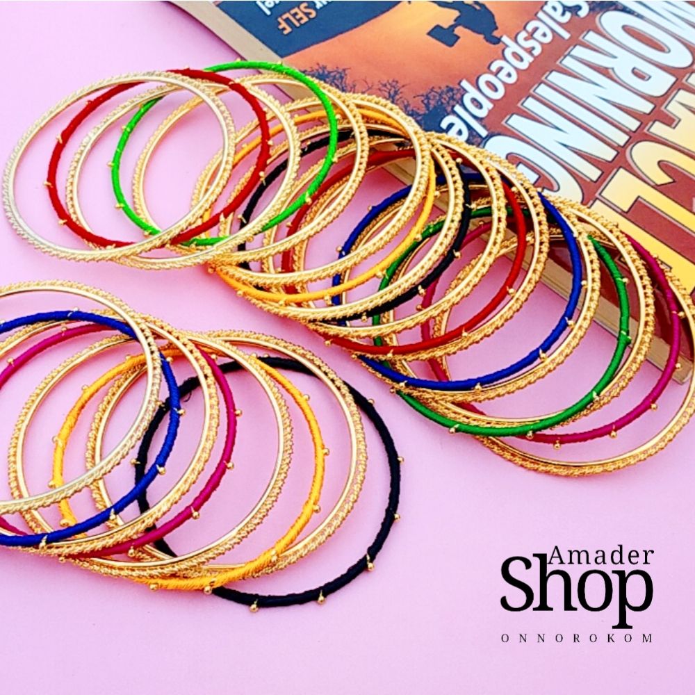 Multicolor Silk Thread Bangles and Metal Bangles (সুতার স্টিল চুড়ি) Sutar Steel Curi For Women - 12 Pieces