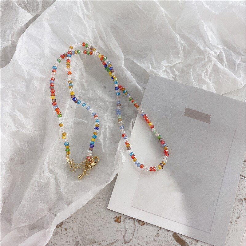 AOMU 2020 New Korean Vintage Colorful Bead Rainbow Flower Necklace Fashion Necklace For Women Girl Jewelry Party