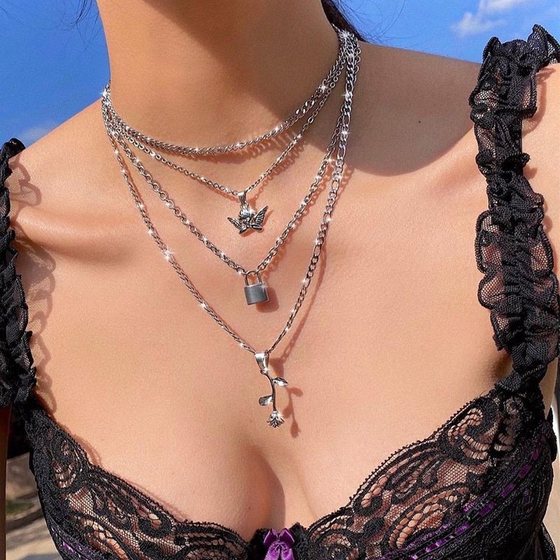 Punk Multilayer Lock Angel Chain Necklace Bohemia Rose Flower Little Angel Pendant Necklace For Women Collar Necklace Jewelry