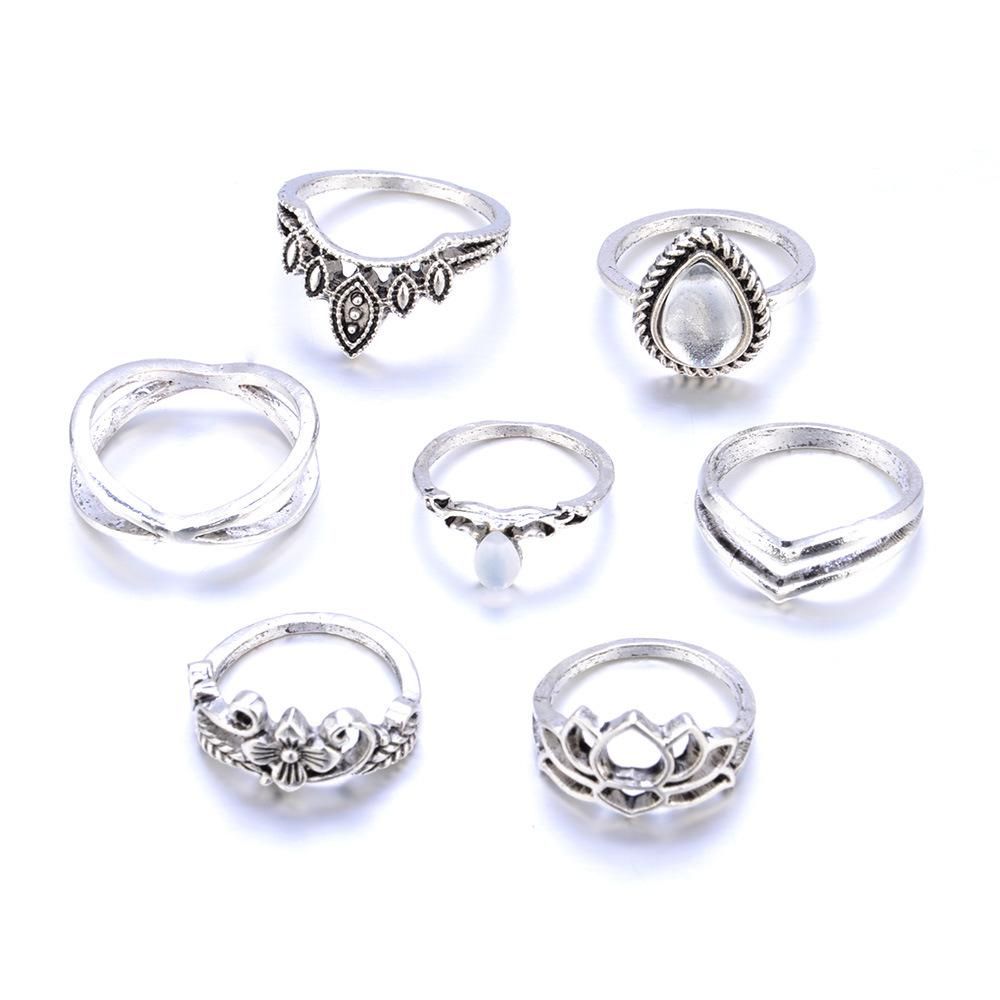 7 Pcs/Set Vintage Ring Carved Imitation Gem Lotus Ring Punk Jewelry Steampunk Rings For Women Wedding Ring Wholesale