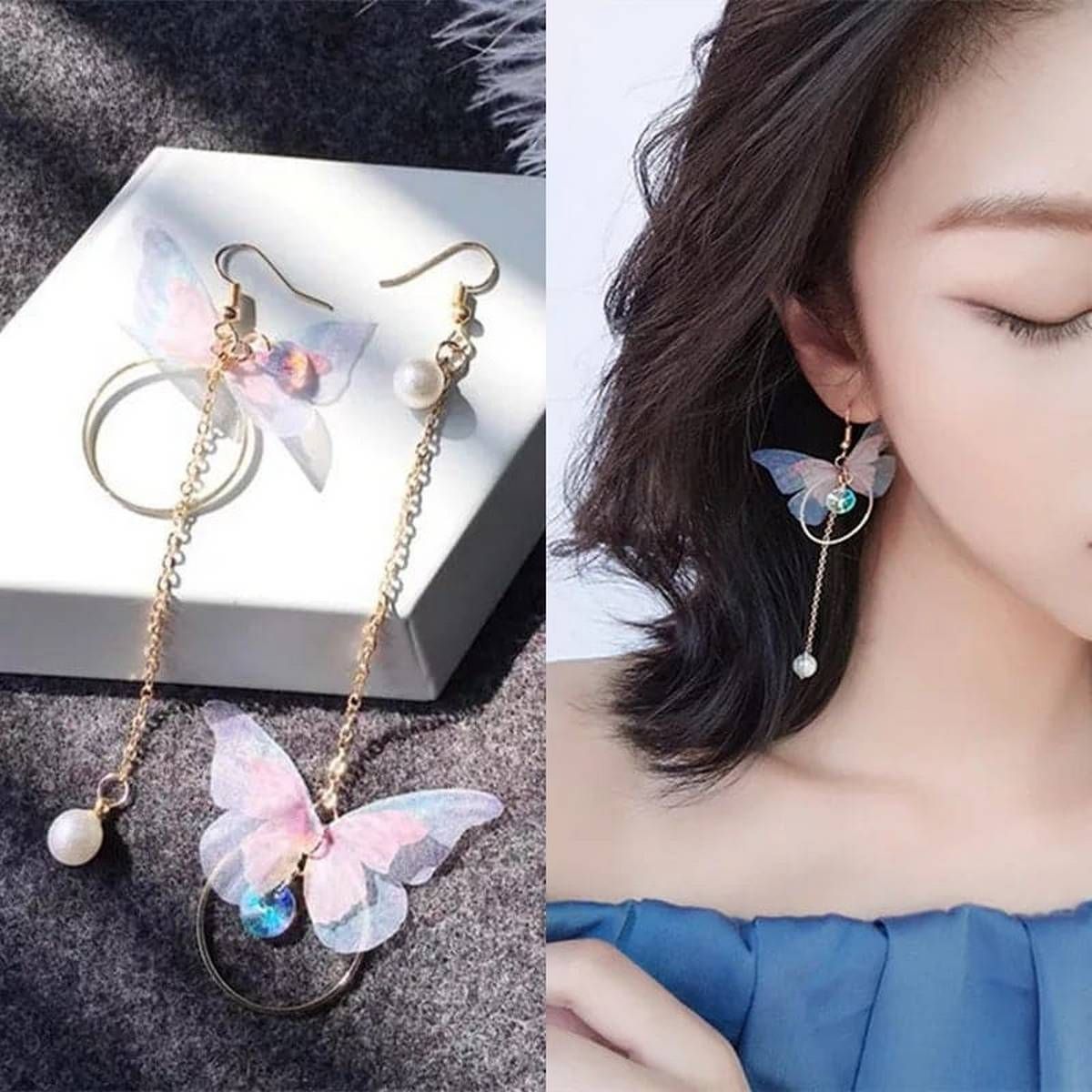 My Love Korean butterfly imitation pearl alloy earrings