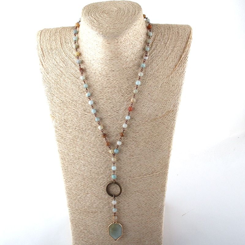 MOODPC Jewelry 6mm Natural Stone Rosary Chain And Glass Bead Stone Pendant Necklaces Women Ethnic Necklace(null)