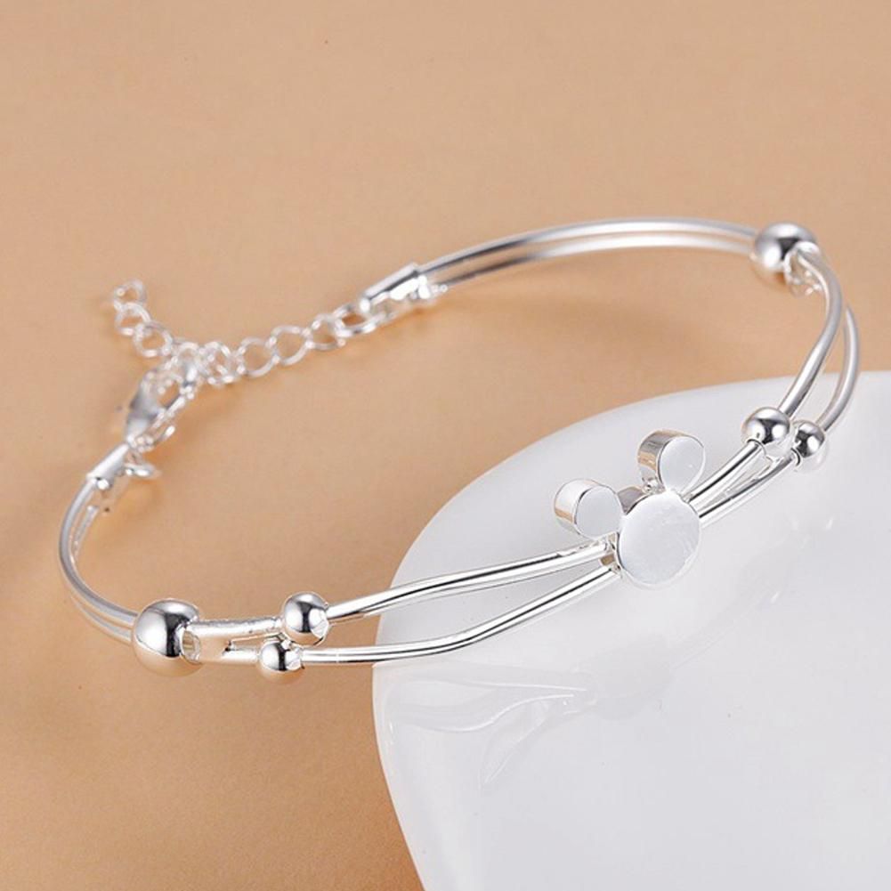Cute Mikey Mouse 925 Silver Bangle Bracelet for Students Women Girls