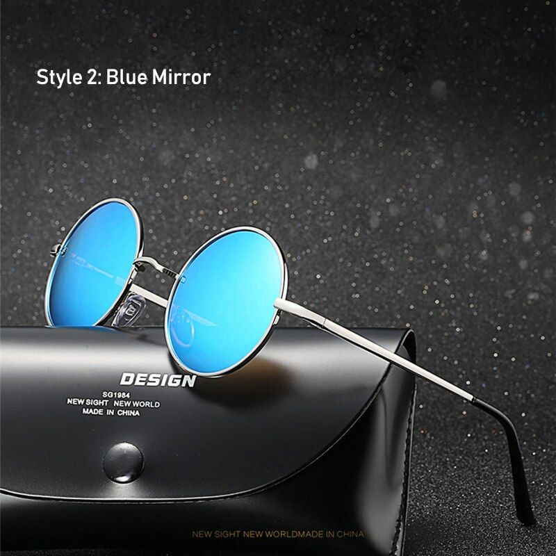 Blue MirrorRetro Classic Vintage Round Polarized Sunglasses Men Brand Designer Sun Glasses Women Metal Frame Black lens Eyewear Driving