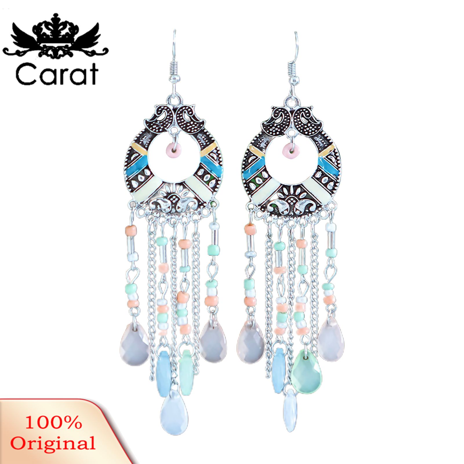 Carat 1 Pair Ethnic Style Retro Pattern Drop Earrings Rhinestone Bohemian Hollow Tassel Hook Earrings Party Jewelry