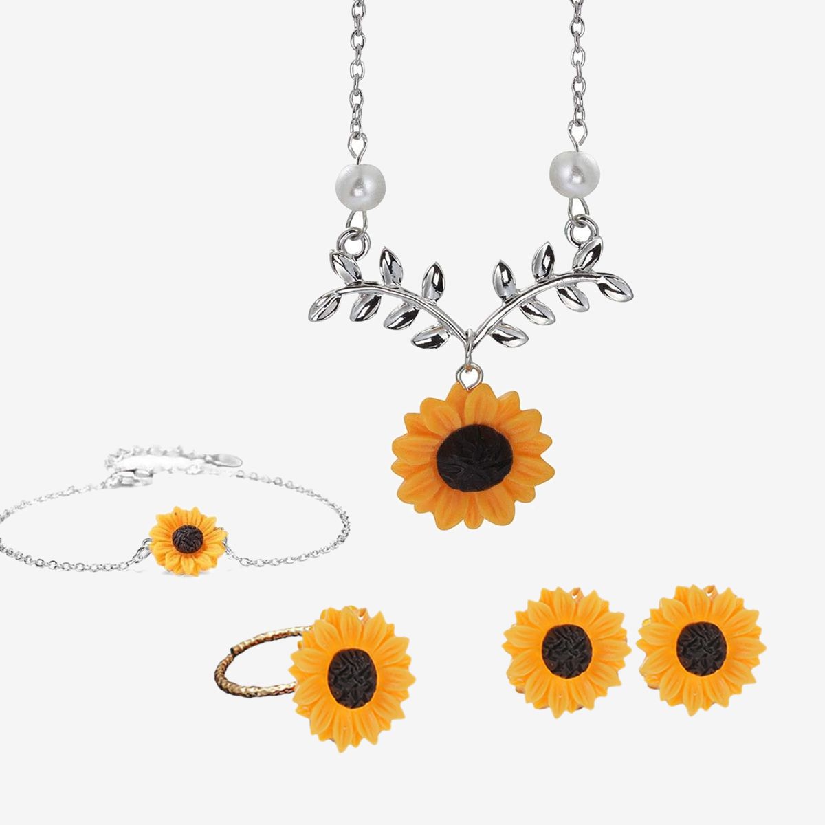 4PCS Woman Alloy Jewelry Sets Sunflower Necklace / Ear Stud / Ring / Bracelet
