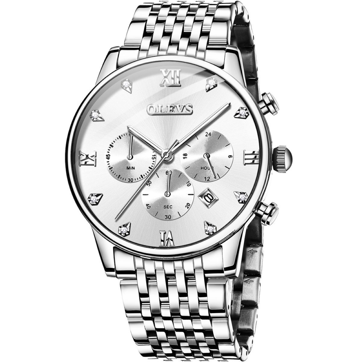 "Olevs 2868 Silver Stainless Steel Chronograph Wrist Watch For Men  -Silver "