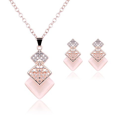 Women Fashion Rhinestone Square Pendant Necklace Ear Stud Earrings Jewelry Set