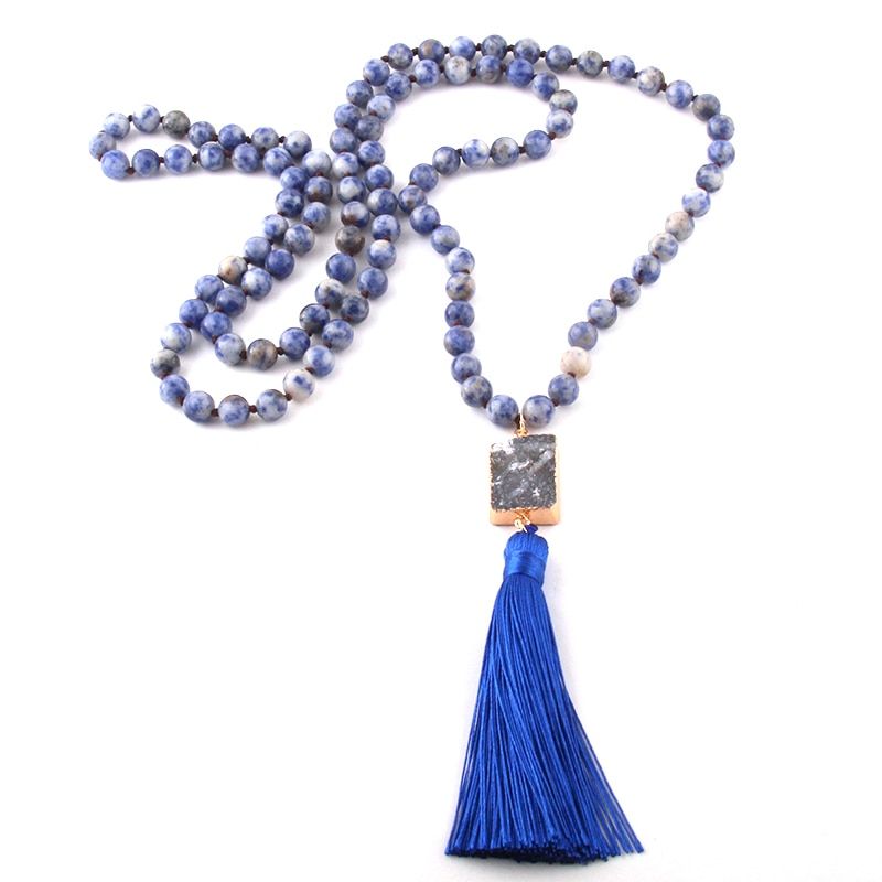Fashion Bohemian Jewelry 108 bead Stones Knotted Natural Druzy Link Tassel Necklaces For Women Ethnic Necklace