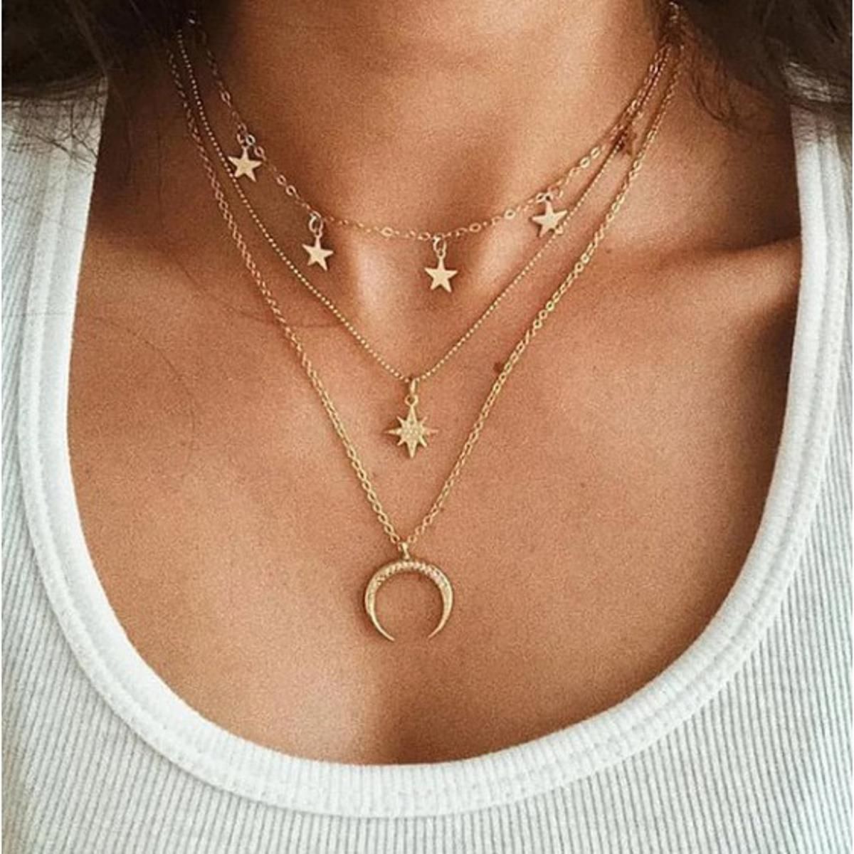 Fashion Star and Moon Three Layer Necklace Pendant  Jewelry