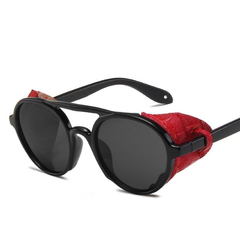 Round Steampunk Sunglasses Men Classic  Designer Vintage Punk Rivet Wrap Glasses Retro Leather Sunglasses For Male Oculos-Black-Red-with pouch and cloth
