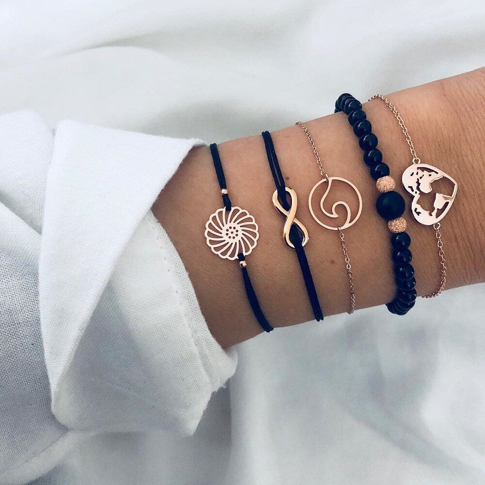 Modyle Bohemian Beads Chain Bracelets Bangles for Women Fashion Vintage Heart Compass Gold Color Chain Bracelets Sets Jewelry