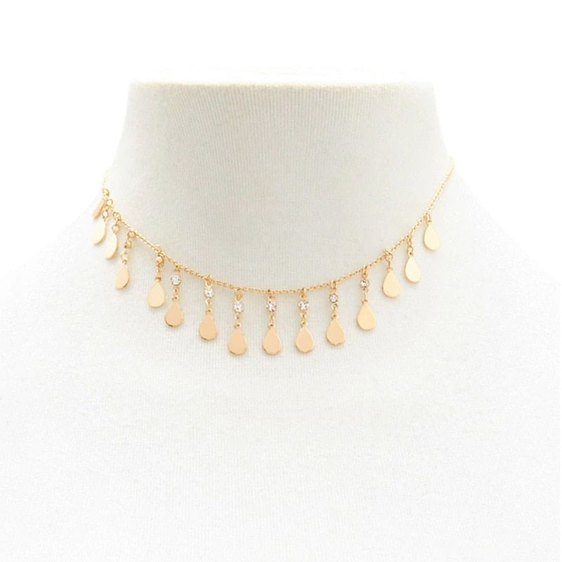 Metal Drop Water Shape Rhinestone Tassel Choker Necklace Female 2018 Fashion Jewelry Necklaces for Women Gold Silver Color