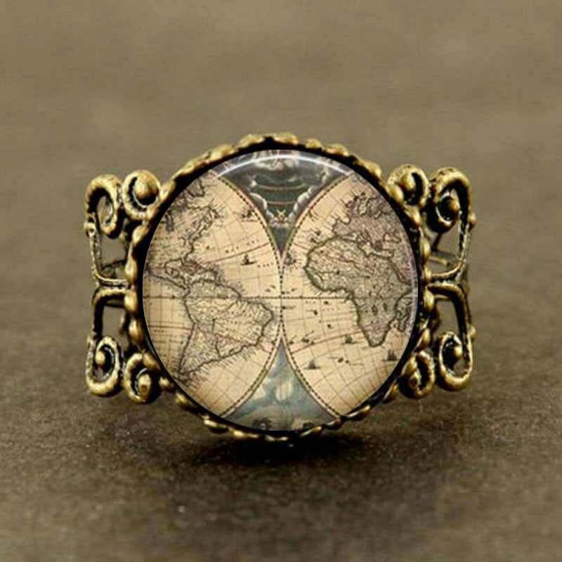 Movie Alice in Wonderland Ancient World Map explorer Map Pirate treasure map Expedition ring Jewelry