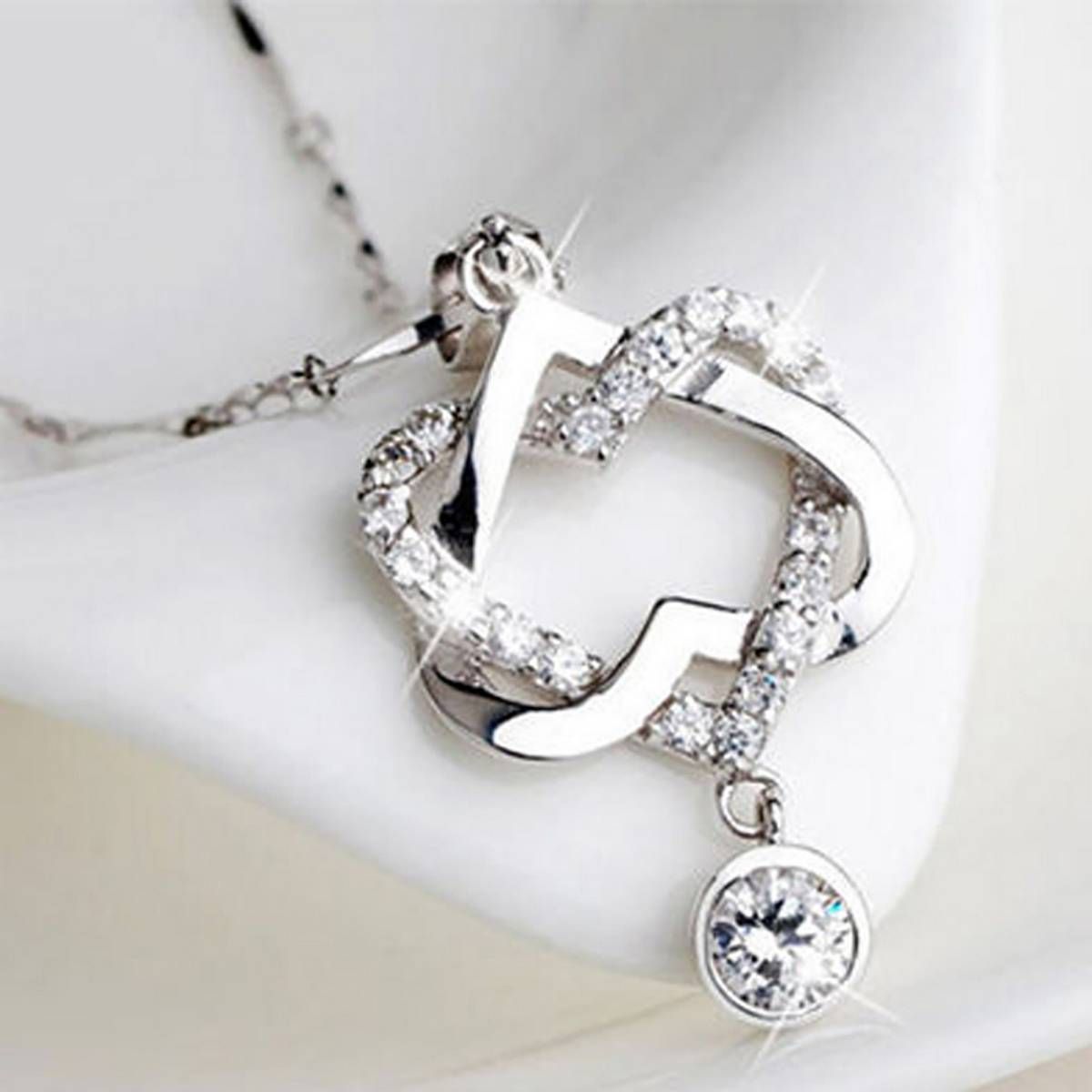 Women Fashion Silver Plated Double Heart Pendant Necklace Chain Jewelry Gift