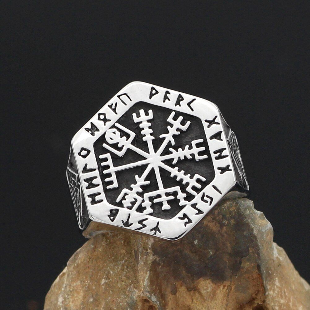 Nordic viking rune valknut vegvisir stainless steel rings with valknut gift bag