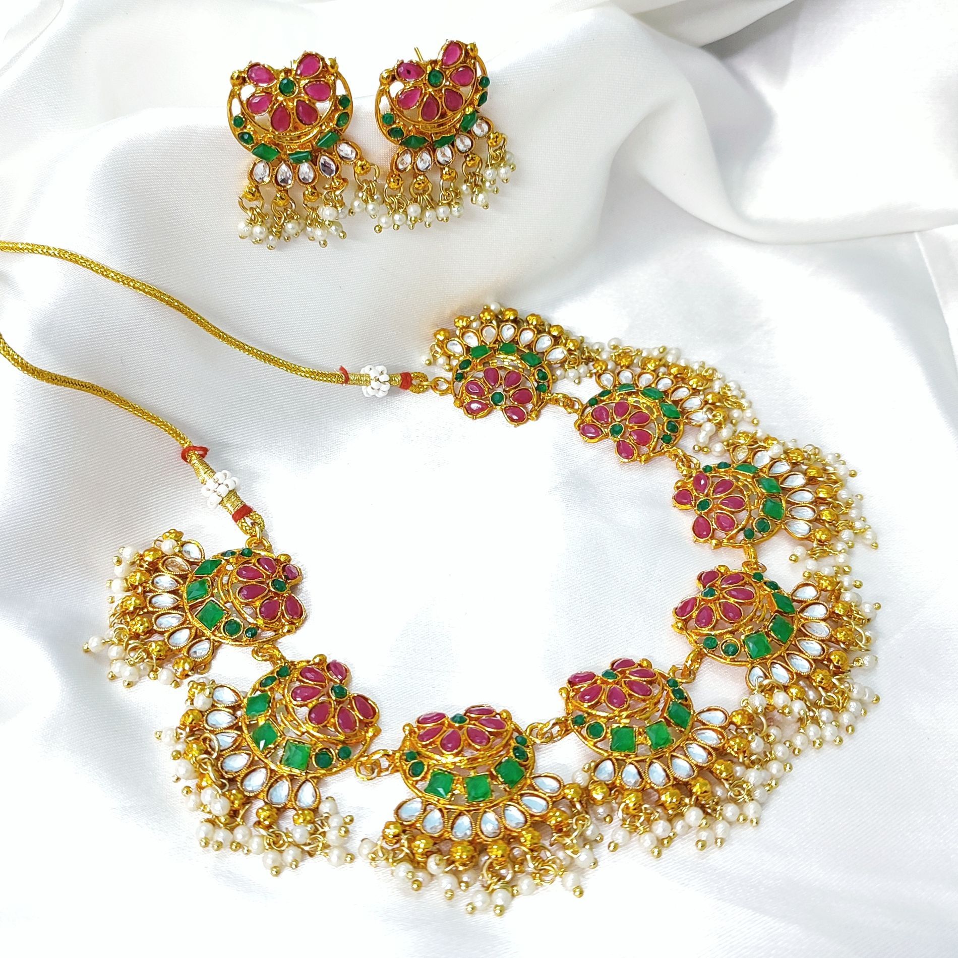 Indian Bollywood Joypur Hand Painted Stone Setting Kundan  wedding Faux Pearl Earrings Jewellery Set