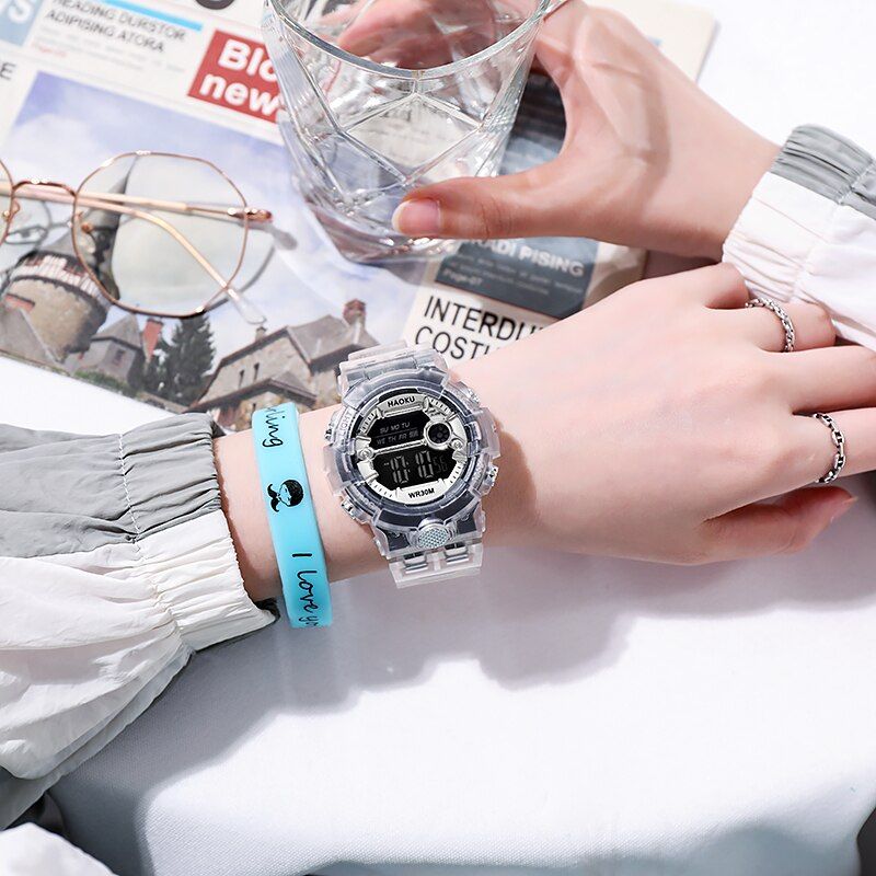 transparent silicone strap student watch fashion sports watch multi-functional waterproof timing alarm clock watch