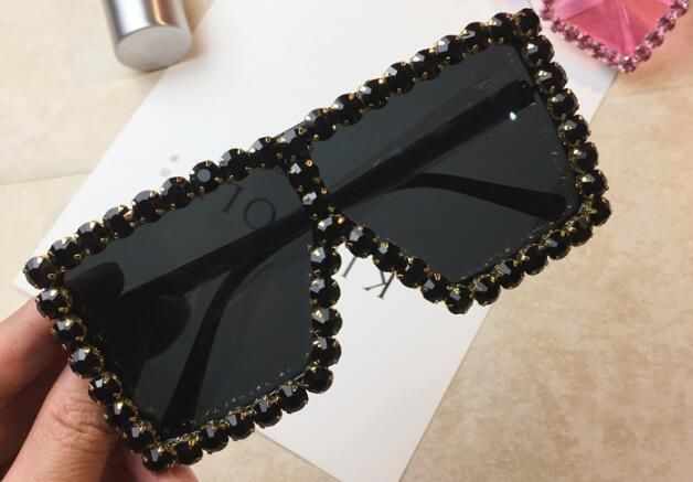 C3 black blackOversized Rhinestone Sunglasses Clear Pink Vintage Brand Designer Flat Top Square Sunglasses Women Retro Glasses Female Shades