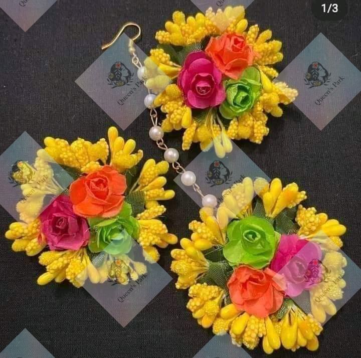 artificial flower earrings and tikli set/multicolour earrtings and tikli set