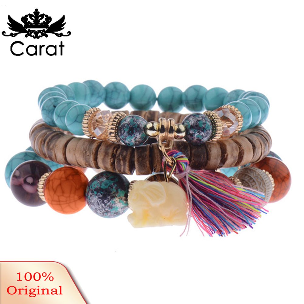 3Pcs/Set Bohemian Women Elephant Tassel Charm Czech Stones Beaded Bracelet Gift