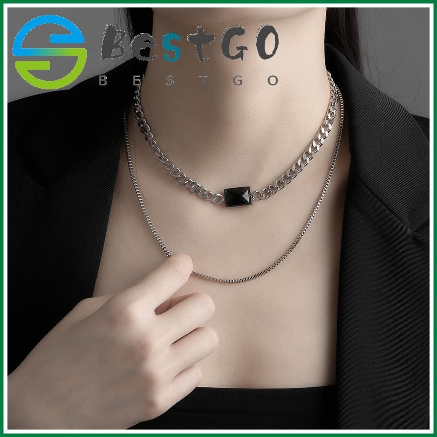 European And American Simple Retro Style Black Gemstone Double-Layer Necklace Female Stainless Steel Female Korean Stacked Collarbone Chain Jewelry