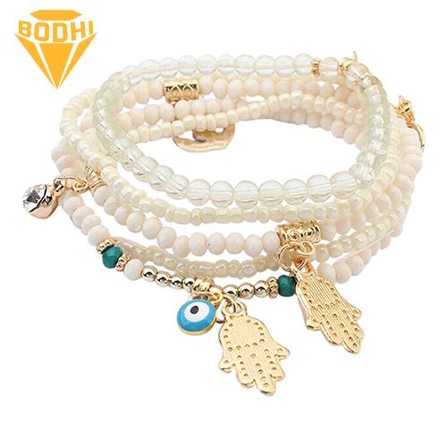 Women Hamsa Fatima Hand Palm Butterfly Pendant Multilayer Bangle Beads Bracelet