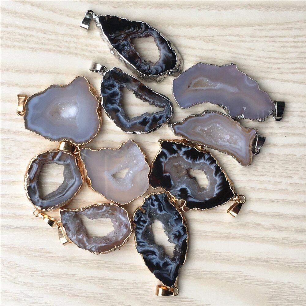 Hot Natural Stone Brazilian Electroplated Edged Slice Open Agates Geode Druzys Drusy Pendants For Women Necklace jewelry Making