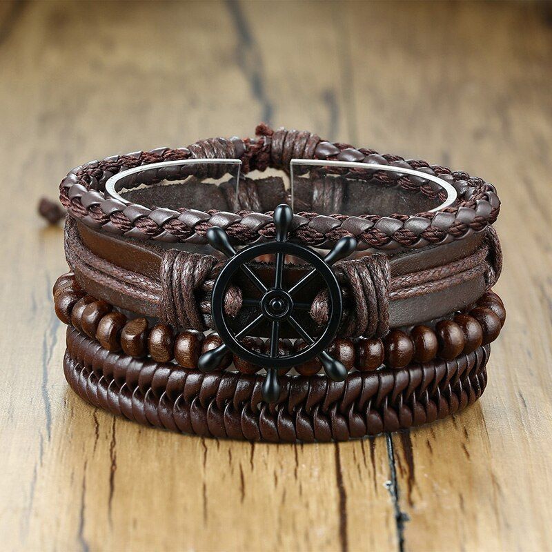 Vnox Leather Bracelet Set Men Women Casual Jewelry Rudder Star Charm Wristband Punk Holiday Party Tribal Vintage Bangles