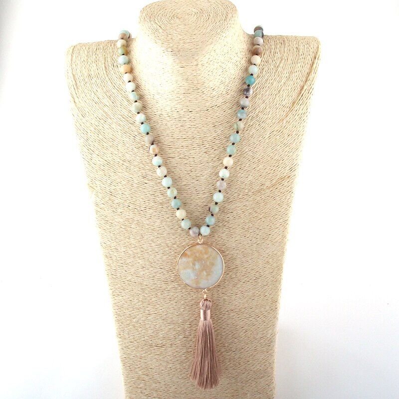 Fashion Bohemian Jewelry Semi Precious Stones Long Knotted Matching Stone Links Tassel Necklaces For Women Ethnic Necklace