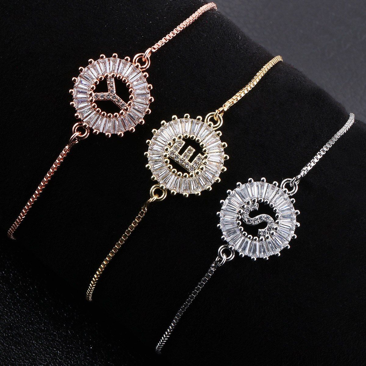 A-Z 26 Alphabet Letter Adjustable Charm Bracelet Copper Cubic Zirconia Initial Chain Bracelets for Women Friendship Jewelry Gift
